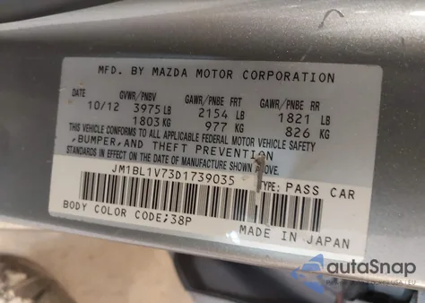 2013 Mazda Mazda3 I Touring z USA, uszkodzony, nr VIN JM1BL1V73D1739035